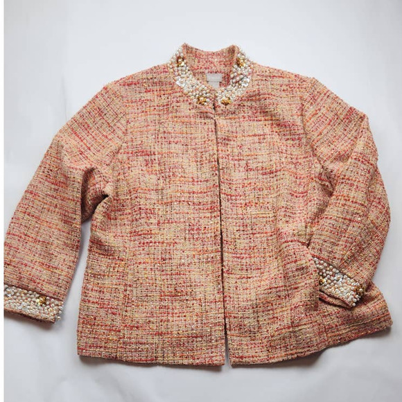Chico's Jackets & Blazers - Chicos Embellished Tweed Jacket Orange Red XL 16/18 Faux Pearl Beaded Blazer
